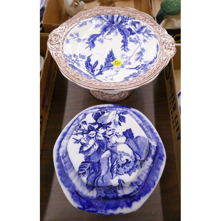 2pc Flow Blue Pedestal Tray and Covered Jar- Wedgwood Etc- 6''