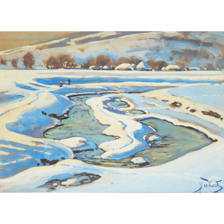 Julian Fałat | Pejzaż zimowy z meandrującą rzeką, ok. 1920 r.