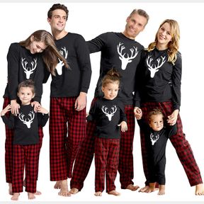 MATCHING FAMILY PAJAMAS SETS CHRISTMAS PJ'S WITH DEER LONG SLEEVE TEE AND PLAID PANTS LOUNGEWEAR WITH POCKETS BLACK
