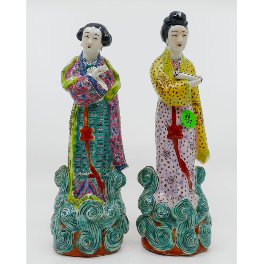 Pair Chinese Republic Courtesan Porcelain Figures 9.5''
