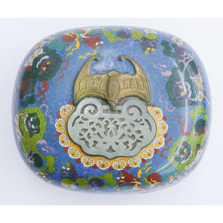 Chinese Cloisonne Mythological Beasts Box with Jade