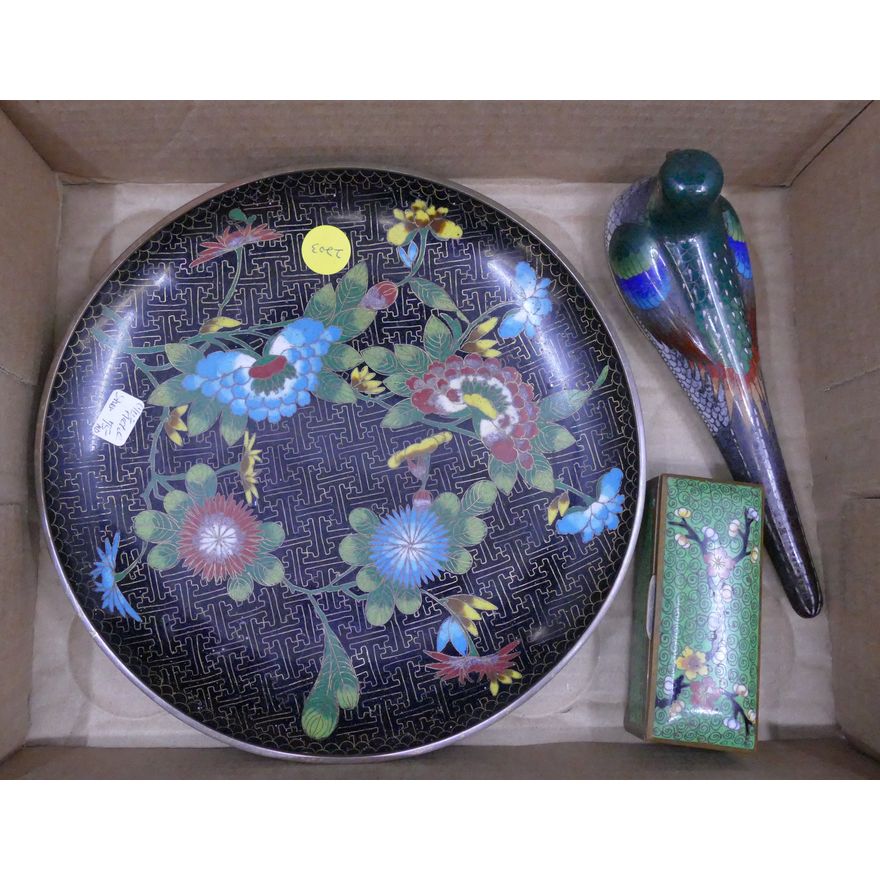 3pc Old Chinese Cloisonne Plate & Boxes