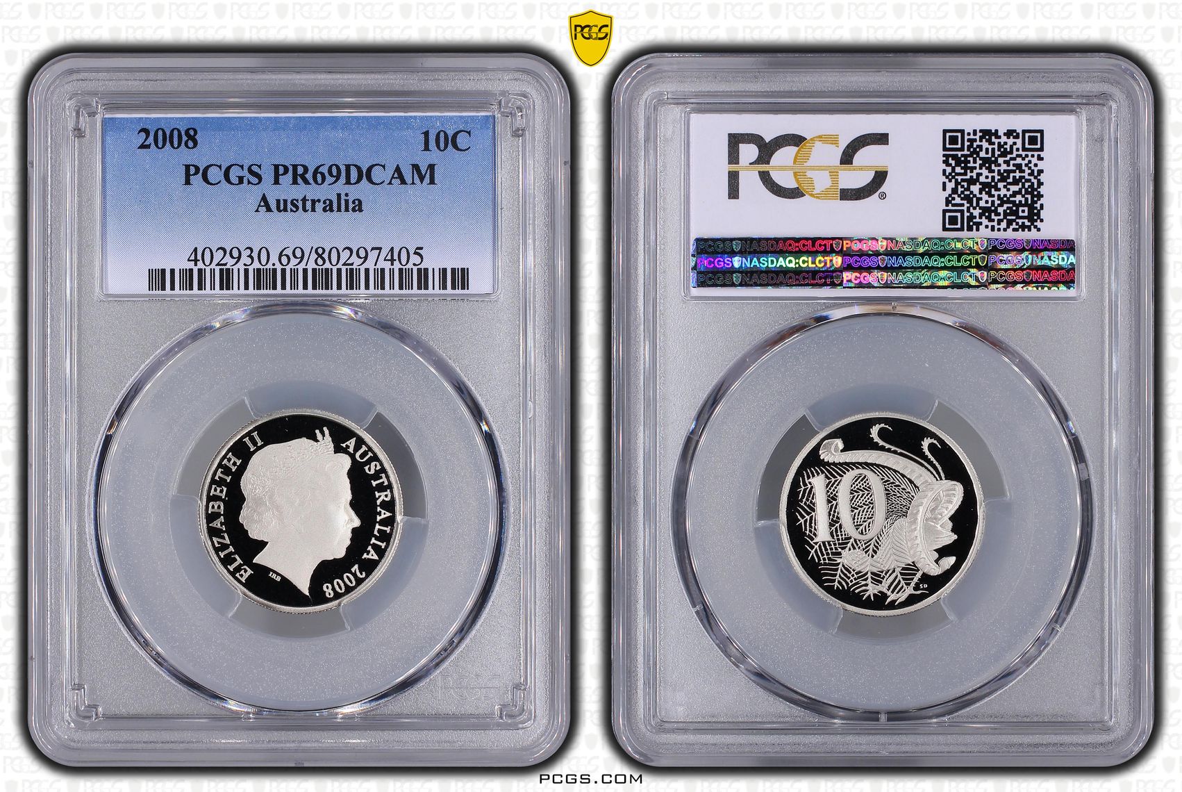 Elizabeth II, Ten Cent, 2008, PCGS PR69DCAM