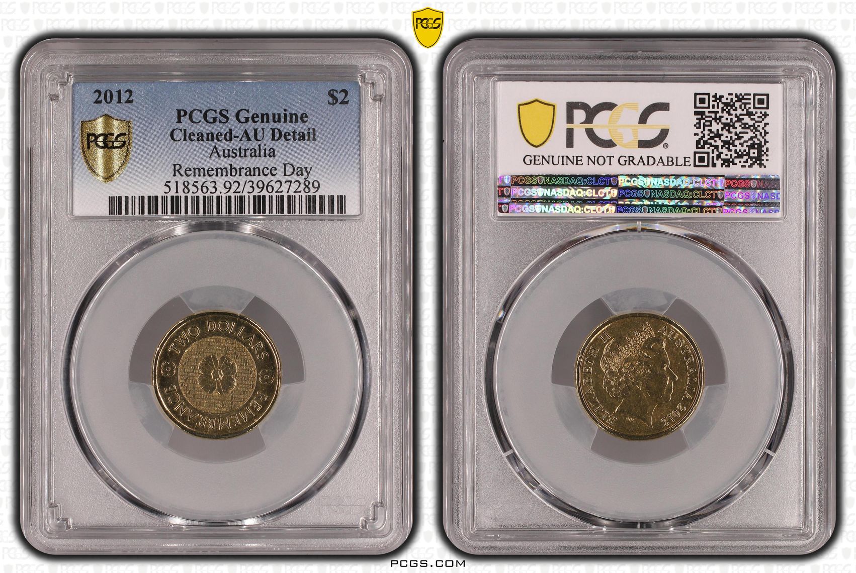 Elizabeth II, Remembrance Day, Two Dollar, 2012, PCGS Genuine - AU Details (92 - Cleaned)