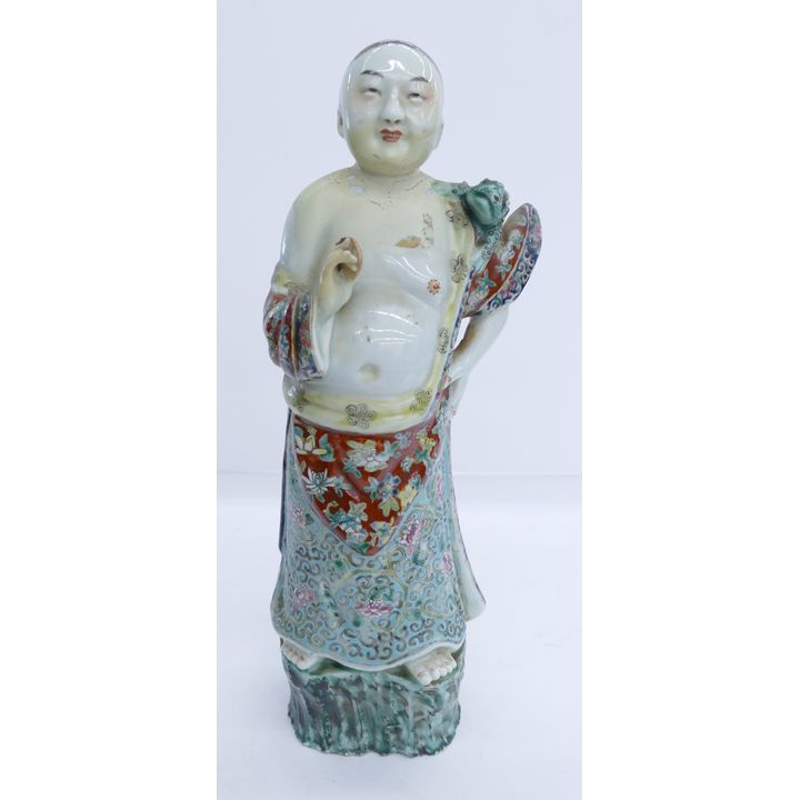 Chinese Republic Porcelain Man with Frog Figure- professionally repaired- 12''