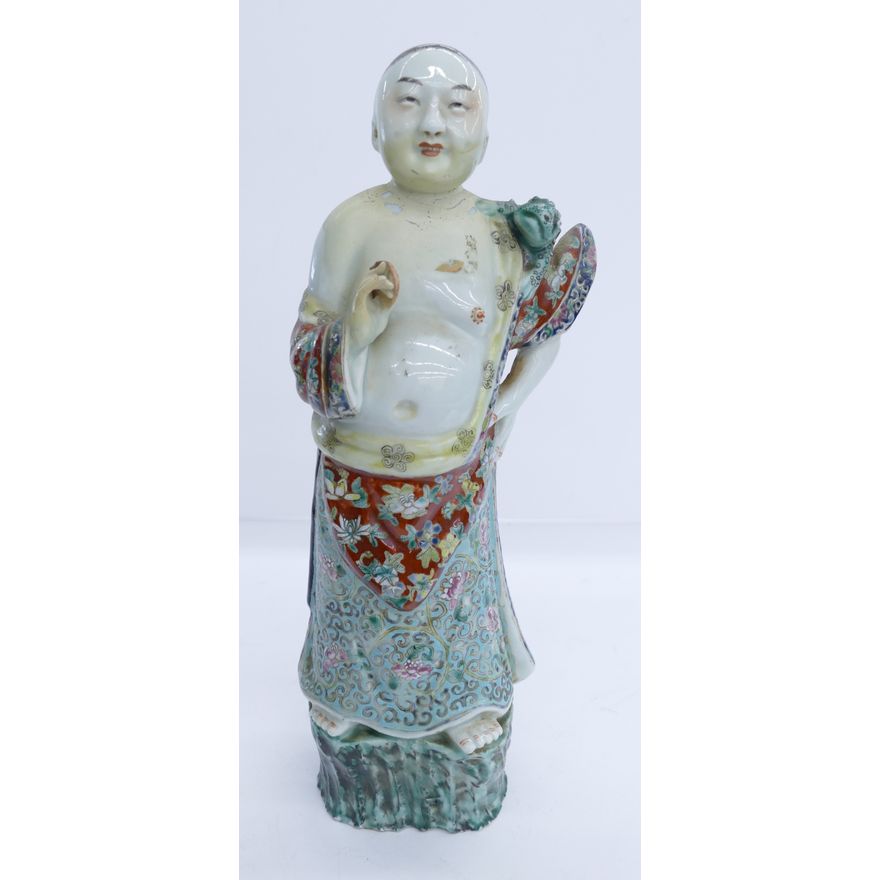 Chinese Republic Porcelain Man with Frog Figure- professionally repaired- 12''