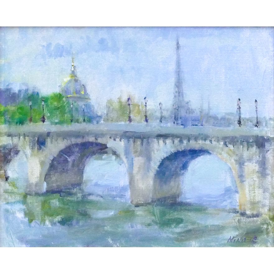 Nina Parisian Bridge Scene Oil Painting Framed 17''x19''