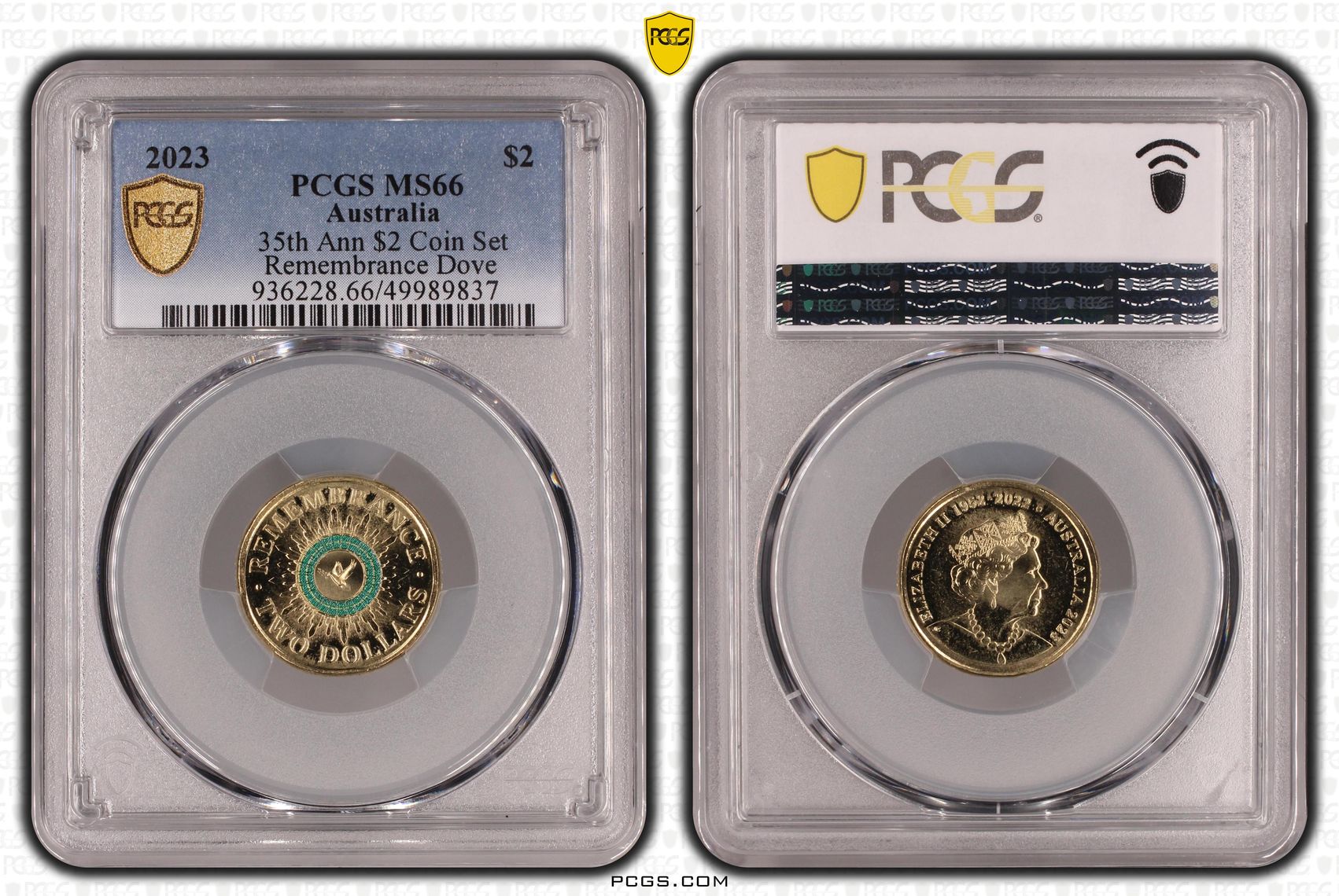 35th Ann $2 Coin Set Colorized Remembrance Dove , Two Dollar, 2023, PCGS MS66