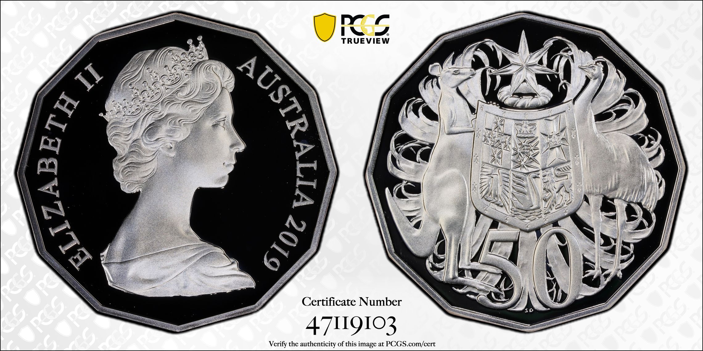 Dodecagon 50C 50th Ann. Ag A. Machin Effigy, Fifty Cent, 2019, PCGS PR70DCAM