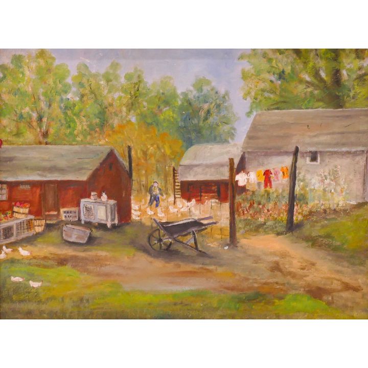 Vintage Farm Scene Naive Oil Painting Framed- 20x26''