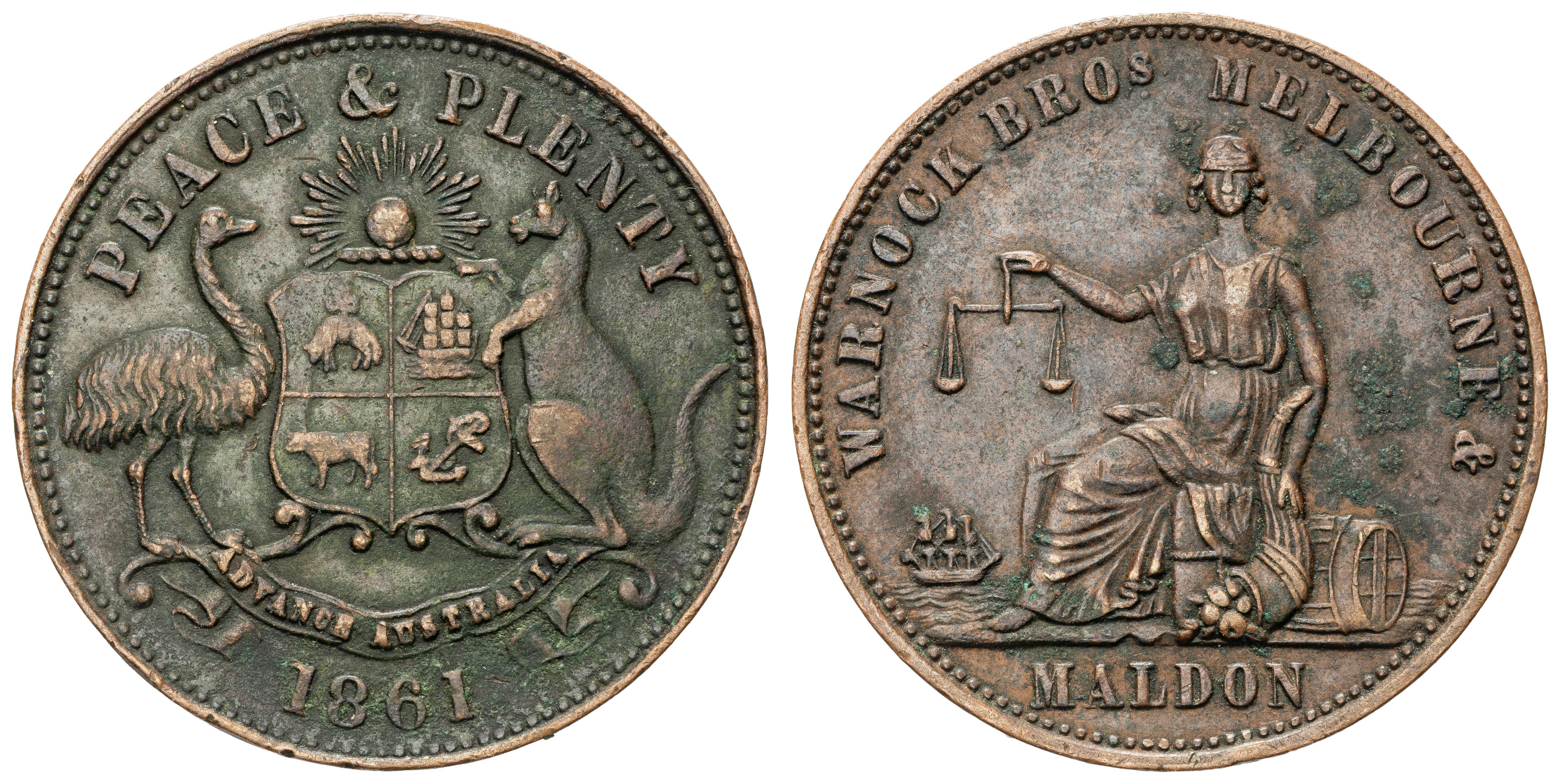 251 · A297 - Warnock Bros. Melbourne & Maldon, Victoria, Halfpenny, 1861,  gF -aVF