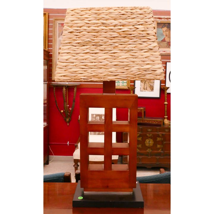 Modern Wood Table Lamp with Woven Shade- 30''- missing finial
