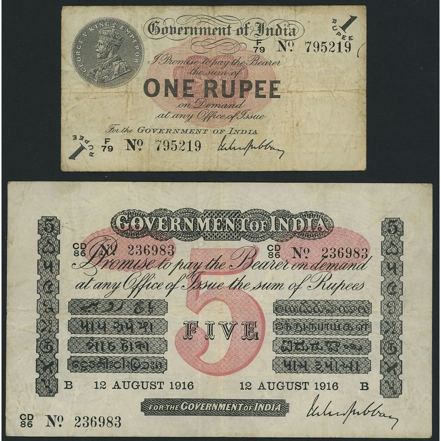 Government of India, [2 notes] 1 & 5 Rupees, 1916-17, serial numbers CD ...