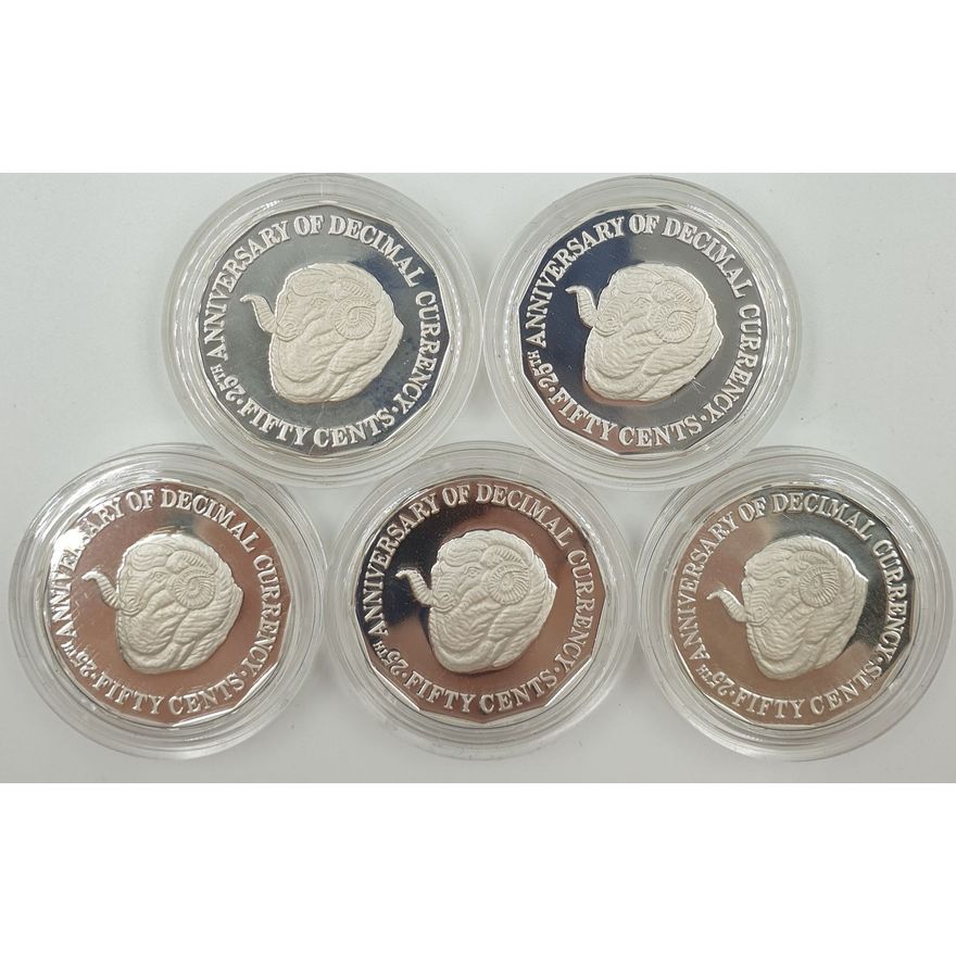 Silver Decimal Currency Ann. 50c Coins (x5)