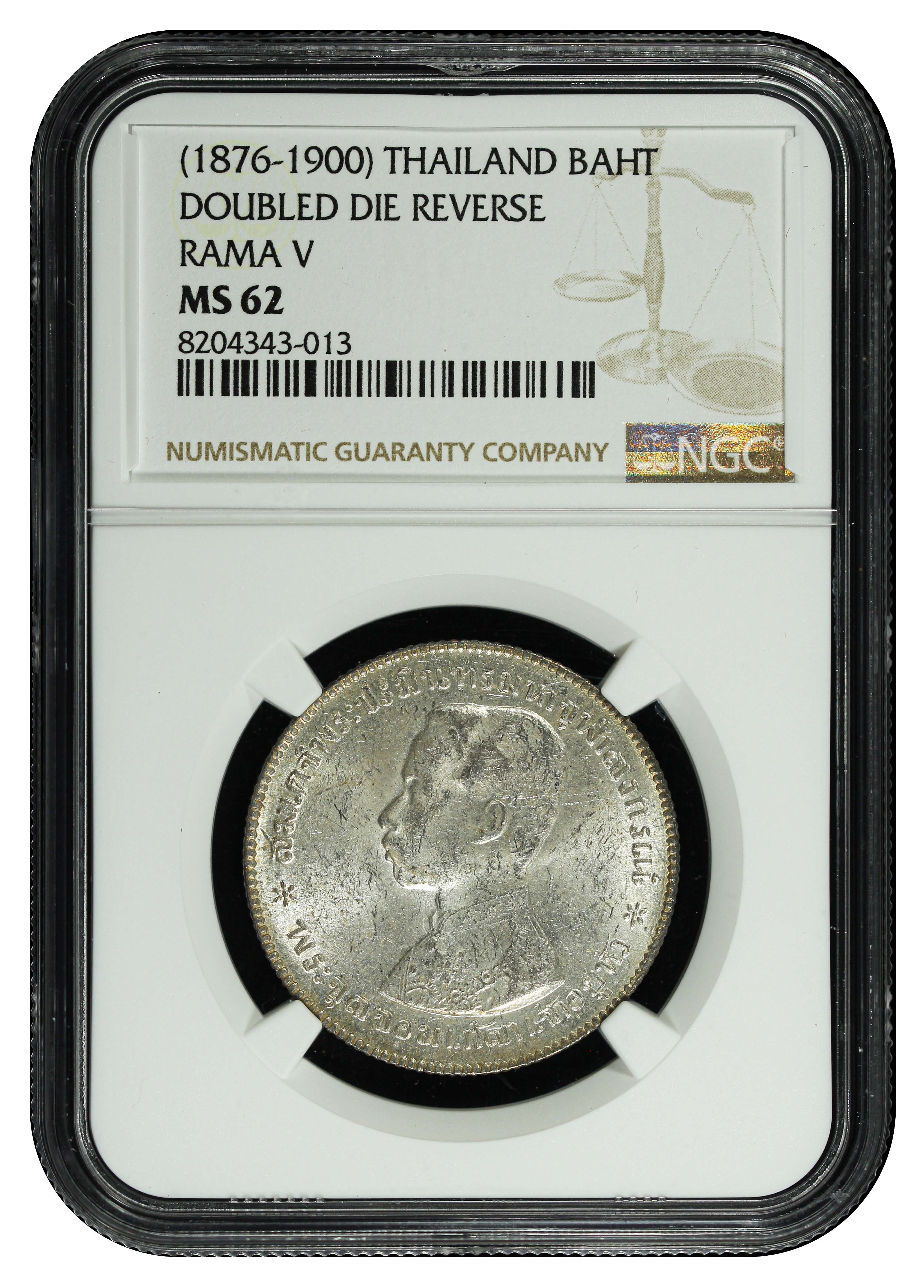 Thailand, Rama V, 1876-1900, 1 Baht, NGC MS62. Doubled die reverse
