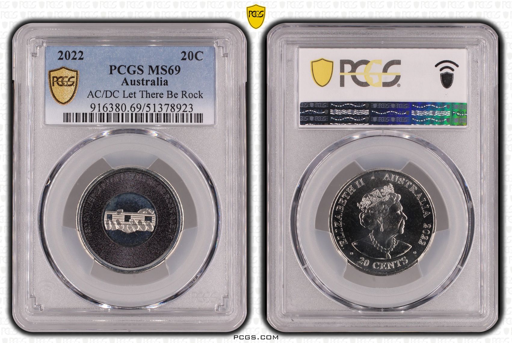 AC/DC Let There Be Rock, Twenty Cent, 2022, PCGS MS69