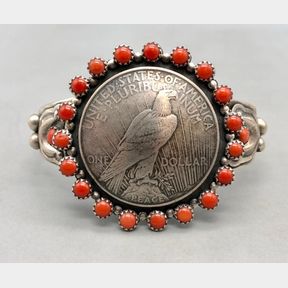 Coral and Sterling Silver Coin Themed Bracelet