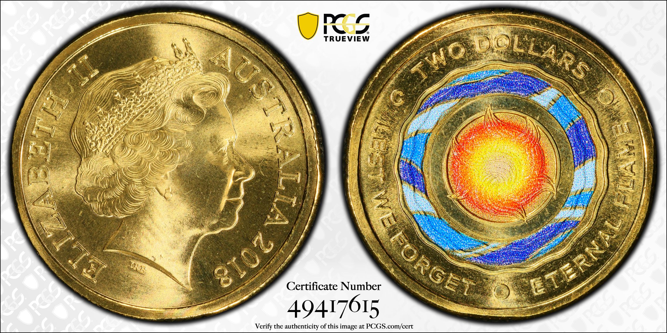 Lest We Forget Eternal Flame Colourised, Two Dollar, 2018-C, PCGS MS69