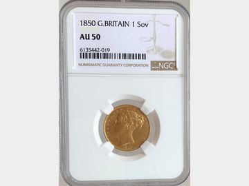 1850 VICTORIA YOUNG HEAD SHIELD GOLD SOVEREIGN AU50