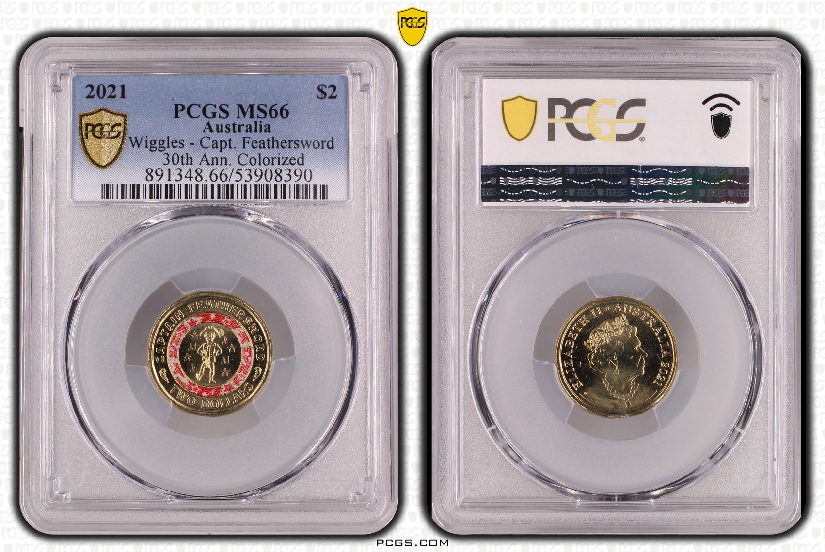 Wiggles - Capt. Feathersword 30th Ann. Colourised, Two Dollar, 2021, PCGS MS66