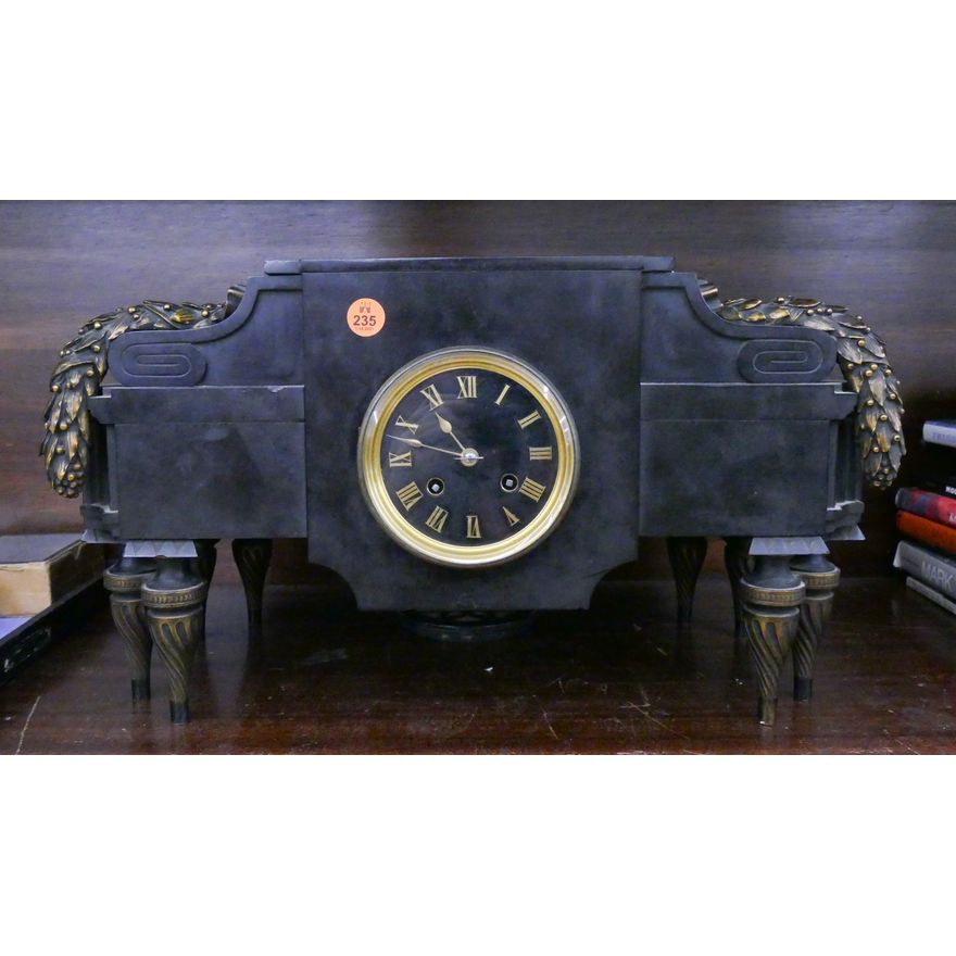Antique French Bronze Mounted Slate Mantle Clock- 10x17''
