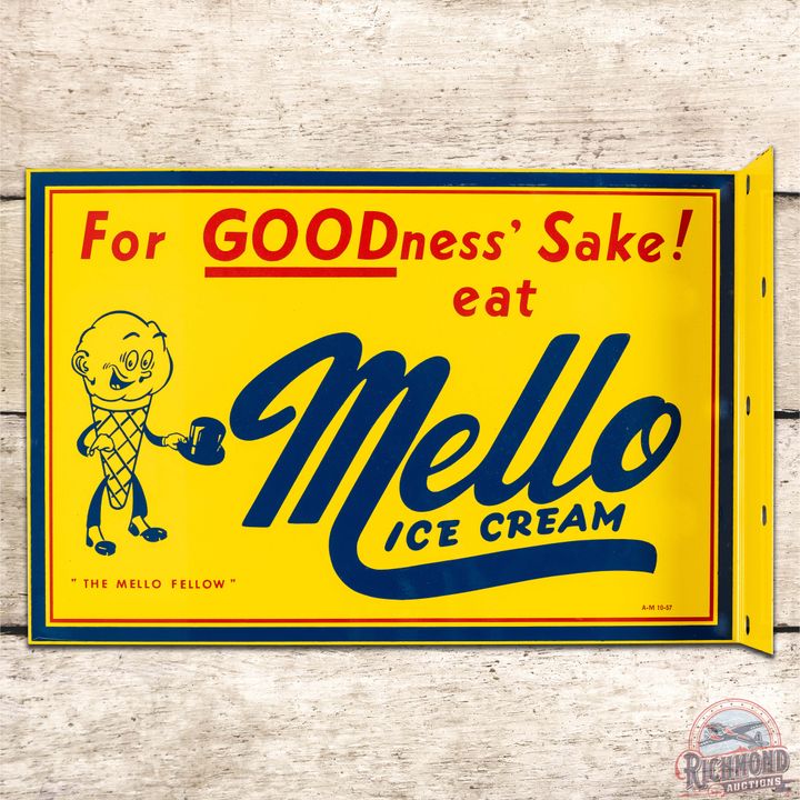 NOS 1957 Mellow Ice Cream "For GOODness Sake" DST Flange Sign w/ Cone