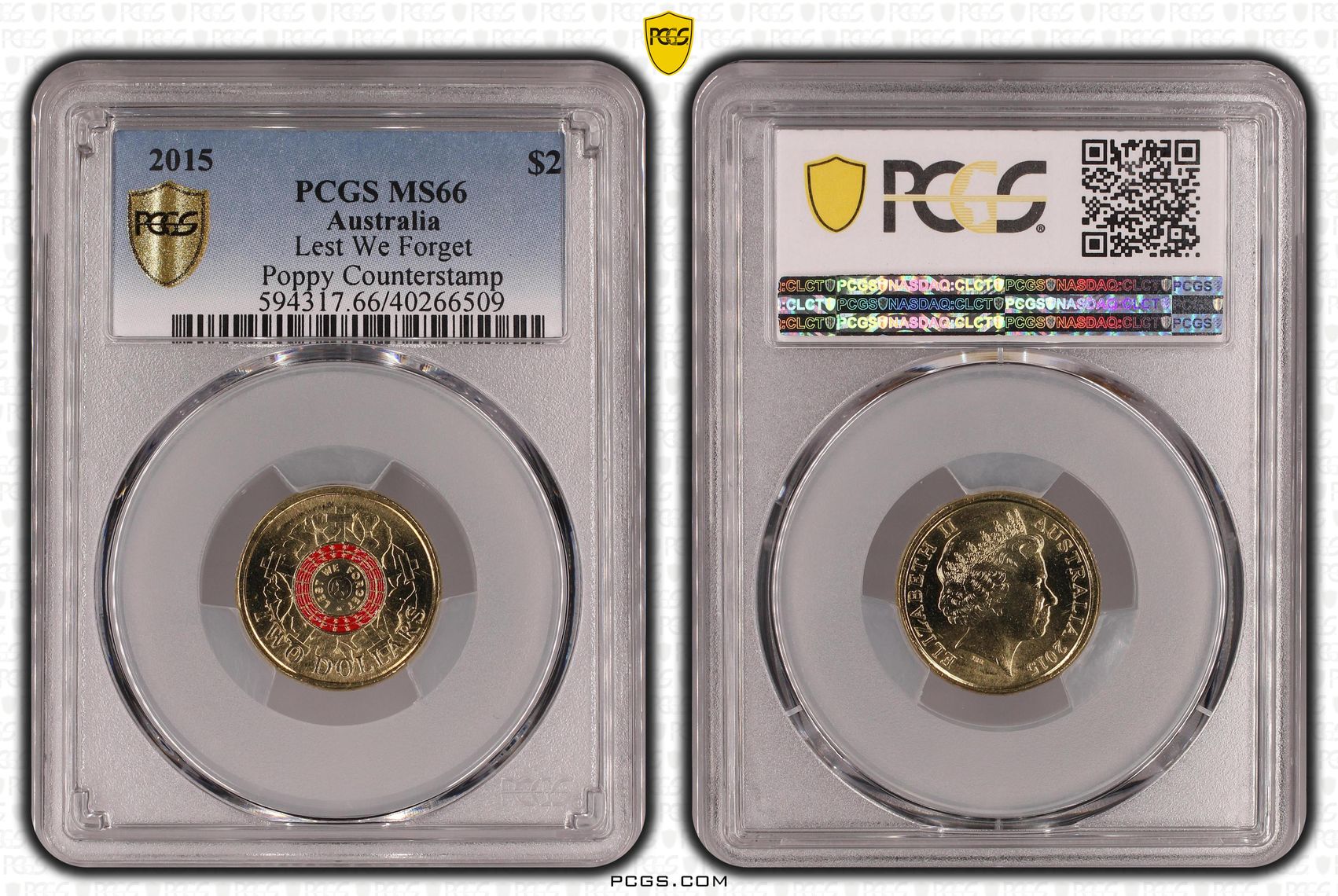 407 · Elizabeth II, Lest We Forget Colorized Poppy counterstamp , Two Dollar, 2015, PCGS MS66