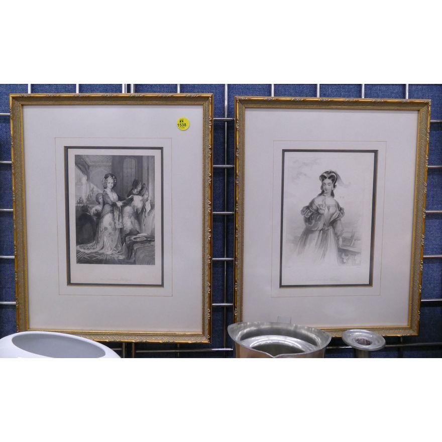 2pc Antique Woman Portrait Engravings Framed- 15x12''