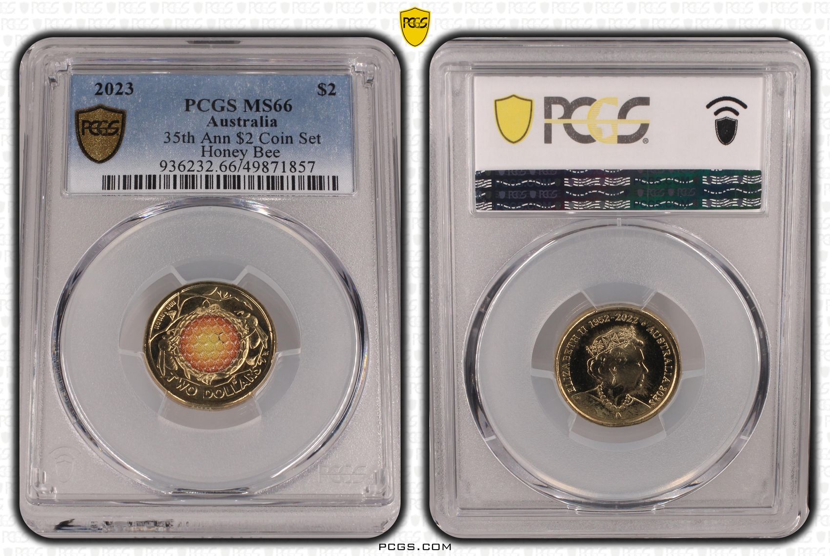 35th Ann $2 Coin Set Colourised Honey Bee, Two Dollar, 2023, PCGS MS66