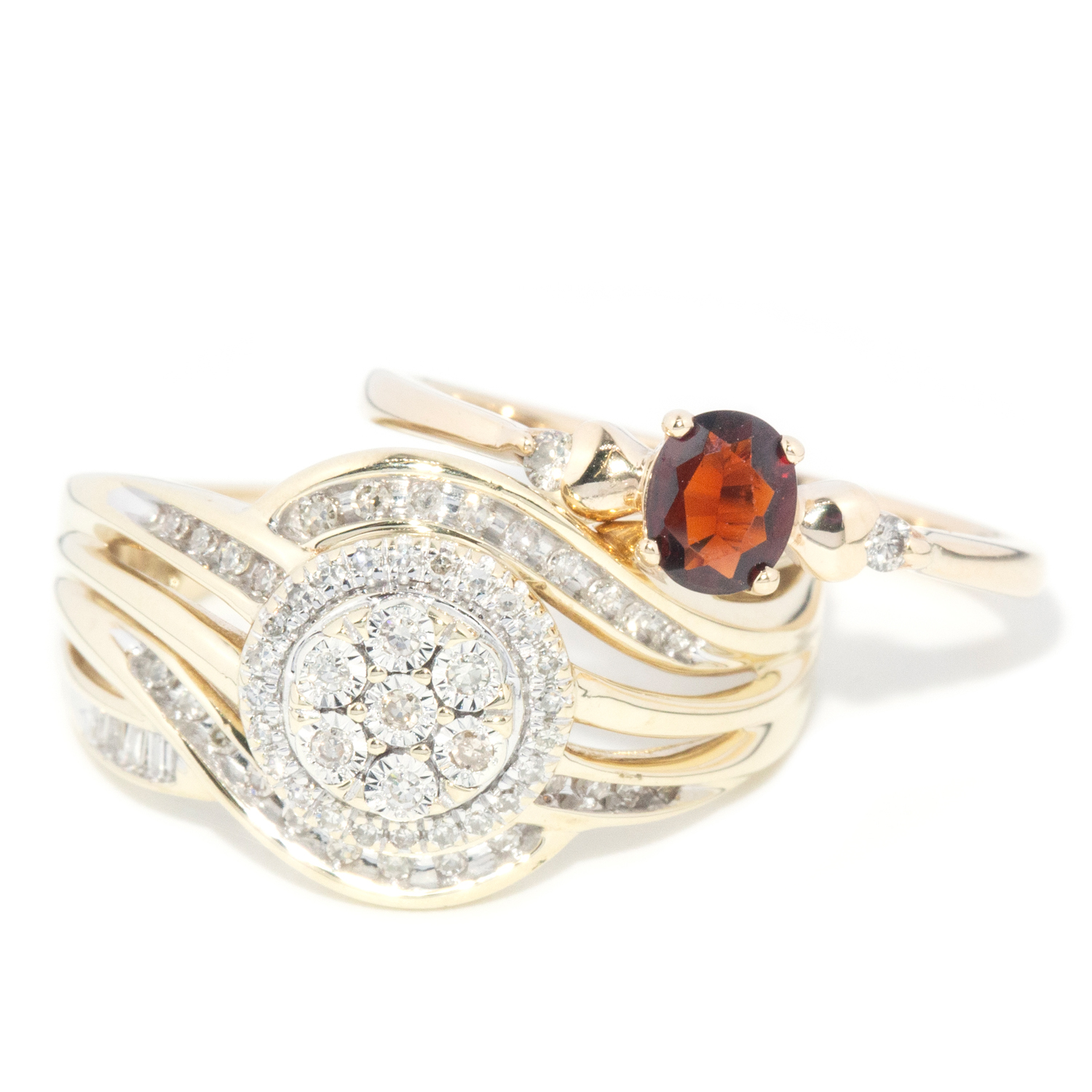 95 · Garnet & Diamond Ring & Diamond Cluster Ring in 9ct Gold