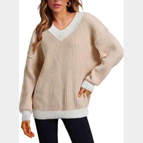 EVALESS SWEATER FOR WOMEN 2024 FALL TRENDY V NECK LONG SLEEVE PULLOVER SWEATERS LOOSE CASUAL COLOR BLOCK RIBBED KNIT TOPS KHAKI M