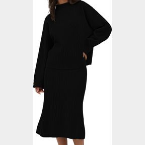 CHYRII WOMENS FASHION TWO PIECE OUTFITS MOCK NECK OVERSIZED SWEATER TOPS SKIRT SETS SWEATER DRESS LOUNGE SET BLACK, XS