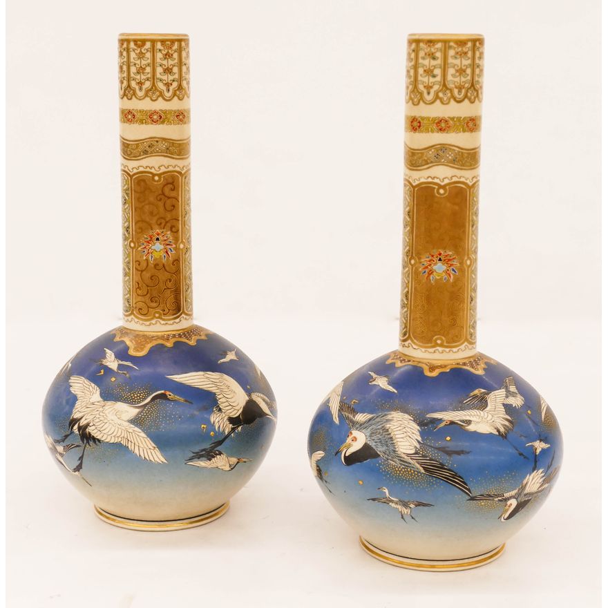 Pair of Taizan Japanese Satsuma Bottle Vases