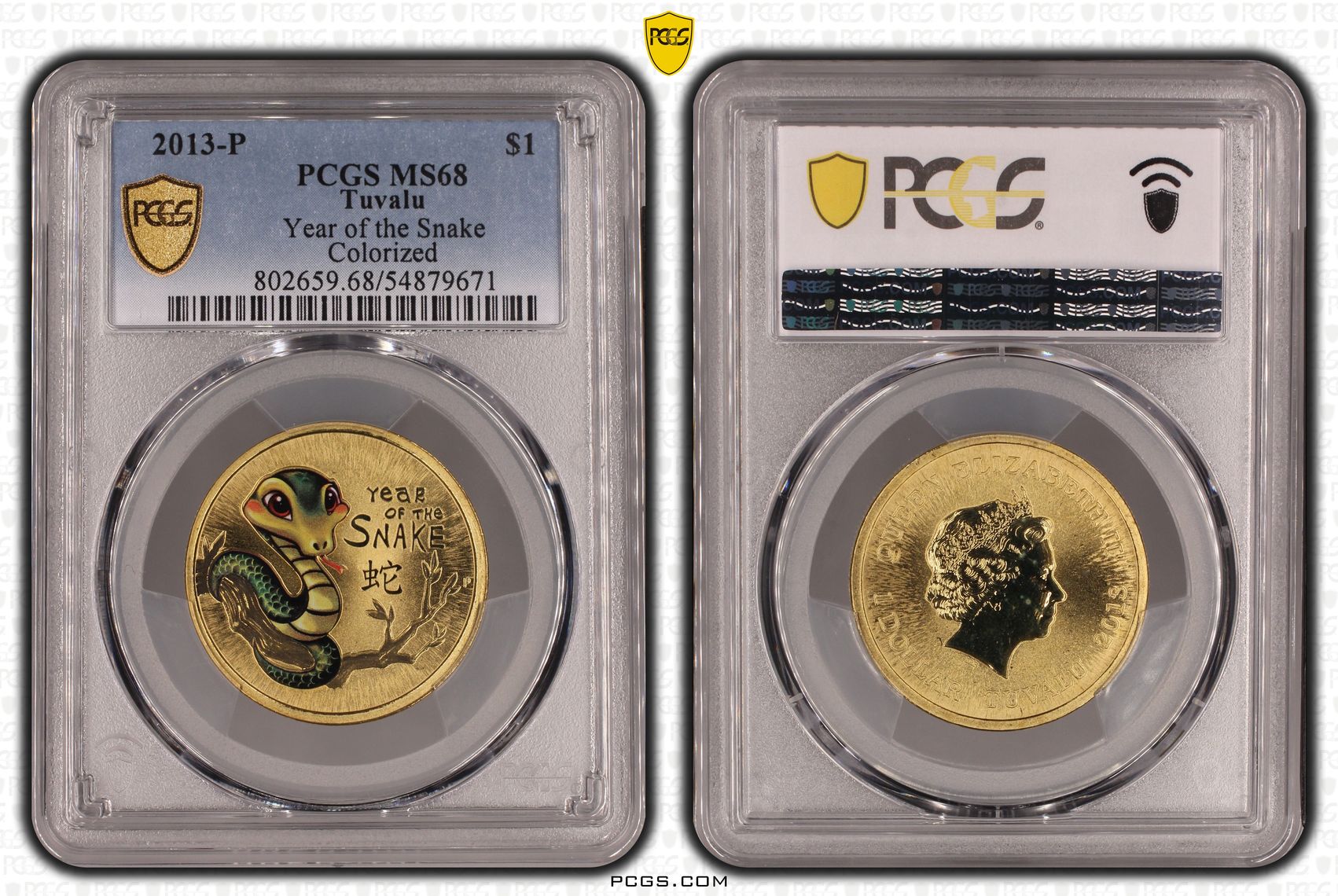 Tuvalu, Year of the Snake Colorized, One Dollar, 2013-P, PCGS MS68