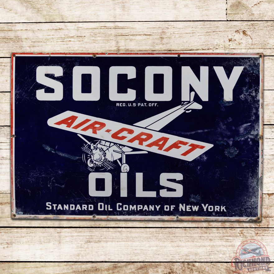 Socony Aircraft Oils Single Sided Porcelain Sign w/ Plane