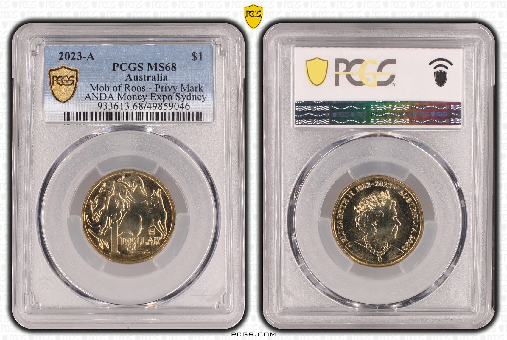 310 · Elizabeth II, Mob of Roos - Privy Mark - ANDA Money Expo Sydney , One Dollar, 2023-A, PCGS MS68