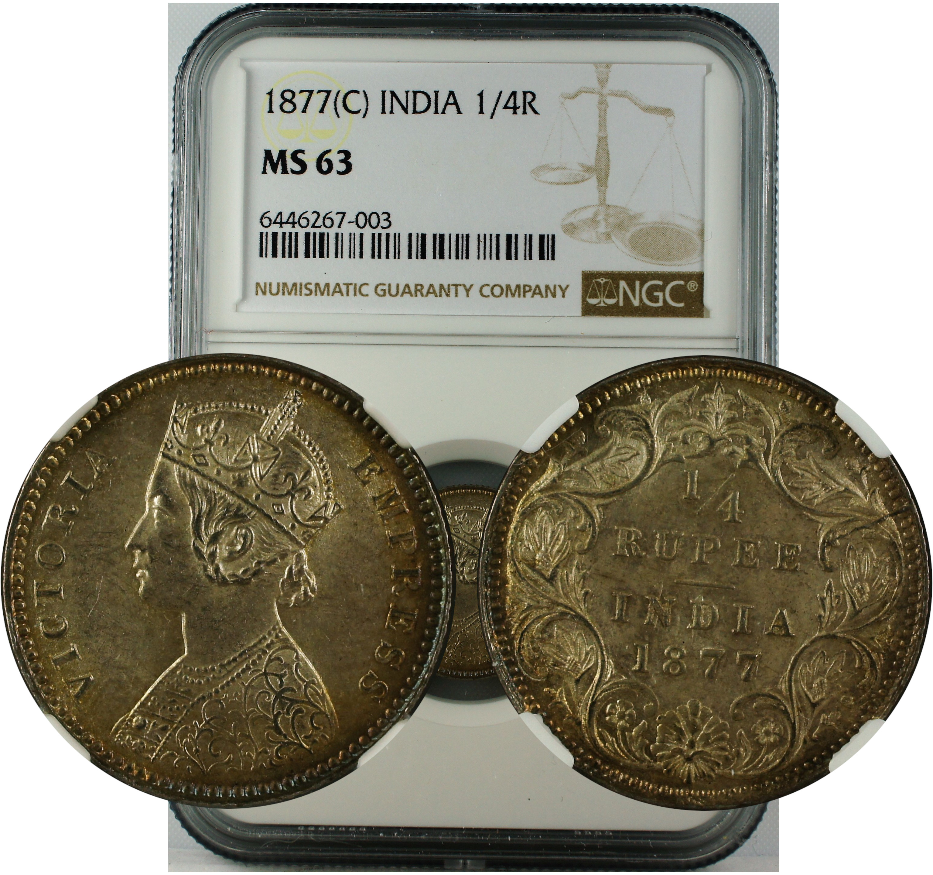1877 C INDIA 1/4 RUPEE MS63