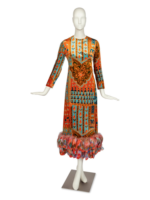 Bill Blass Printed Velvet Gown with Feather Hem, c. 1972