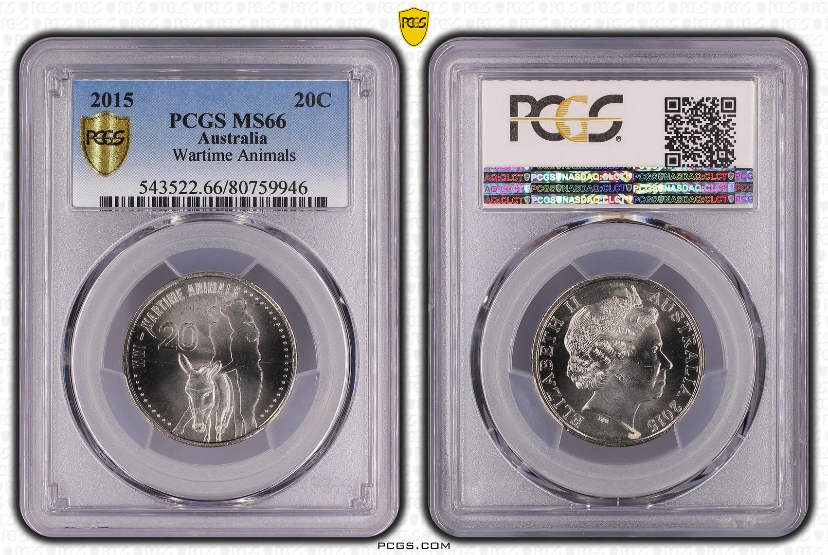 Elizabeth II, Wartime Animals, Twenty Cent, 2015, PCGS MS66