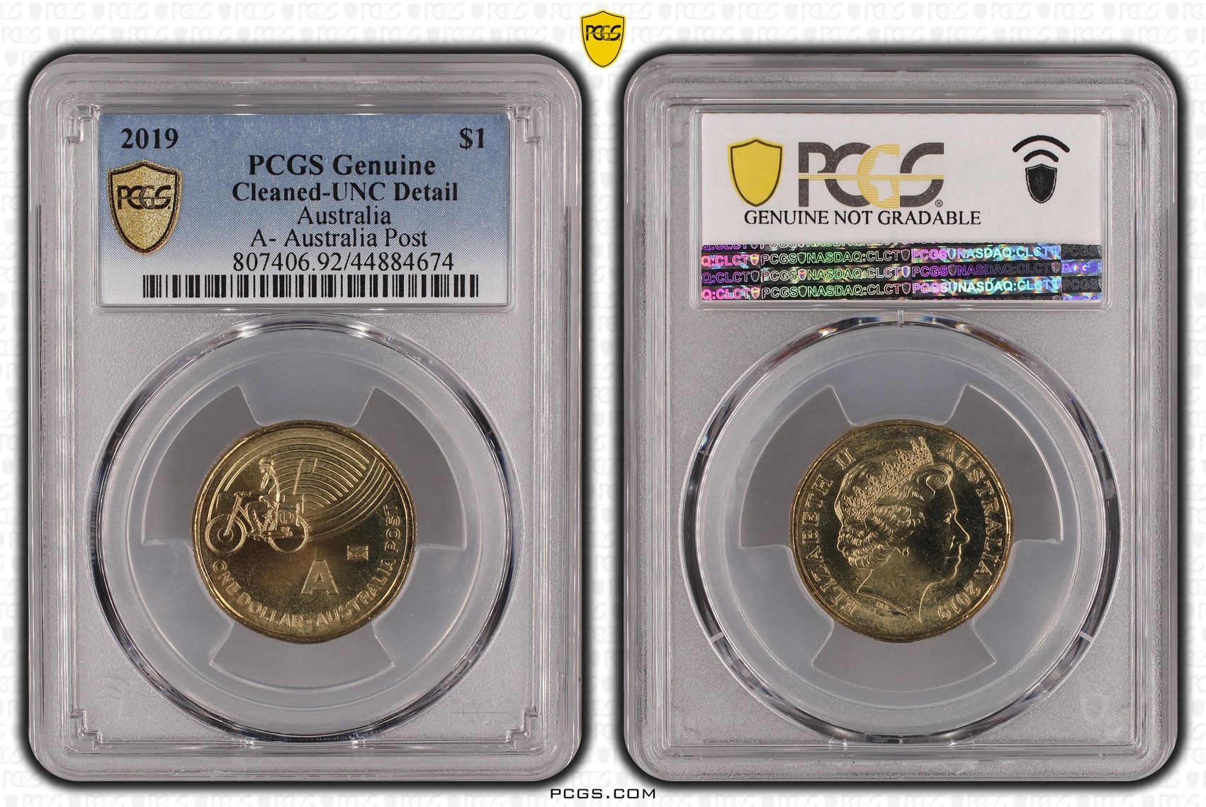 A- Australia Post Great Aussie Coin Hunt, One Dollar, 2019, PCGS Genuine - UNC Details (92 - Cleaned)