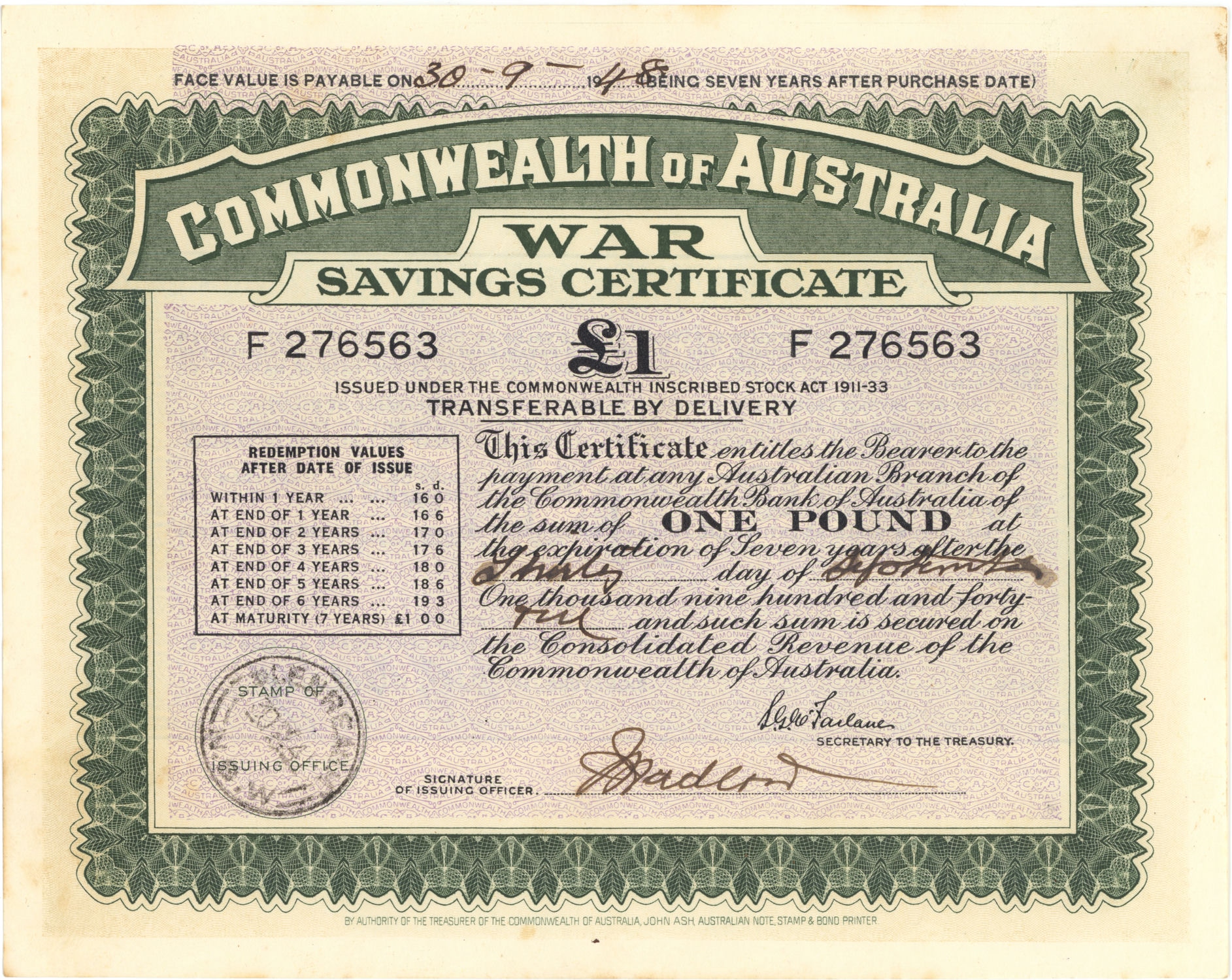 War Savings Certificate, One Pound, 1945, gVF