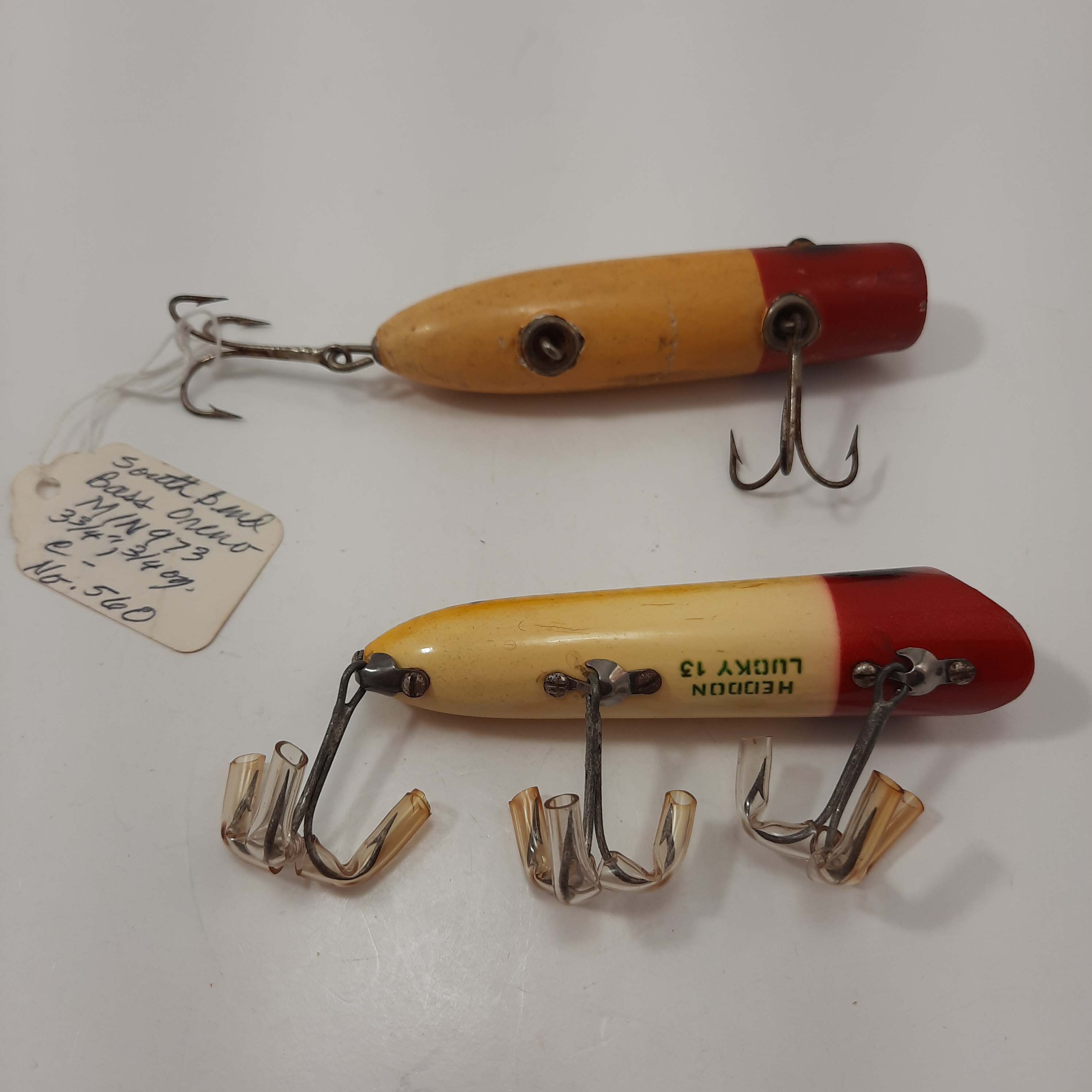 Set 2 Antique Wood Fly Rod Fishing Lures South Bend Fly Oreno and Heddon  Dark Green Rare Crazed USA Made American Classic Lures 