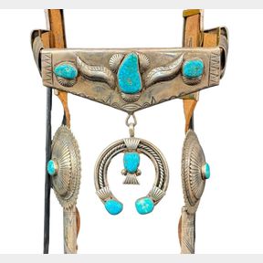 Great Sterling Silver And Webbed Turquoise Navajo Bridle