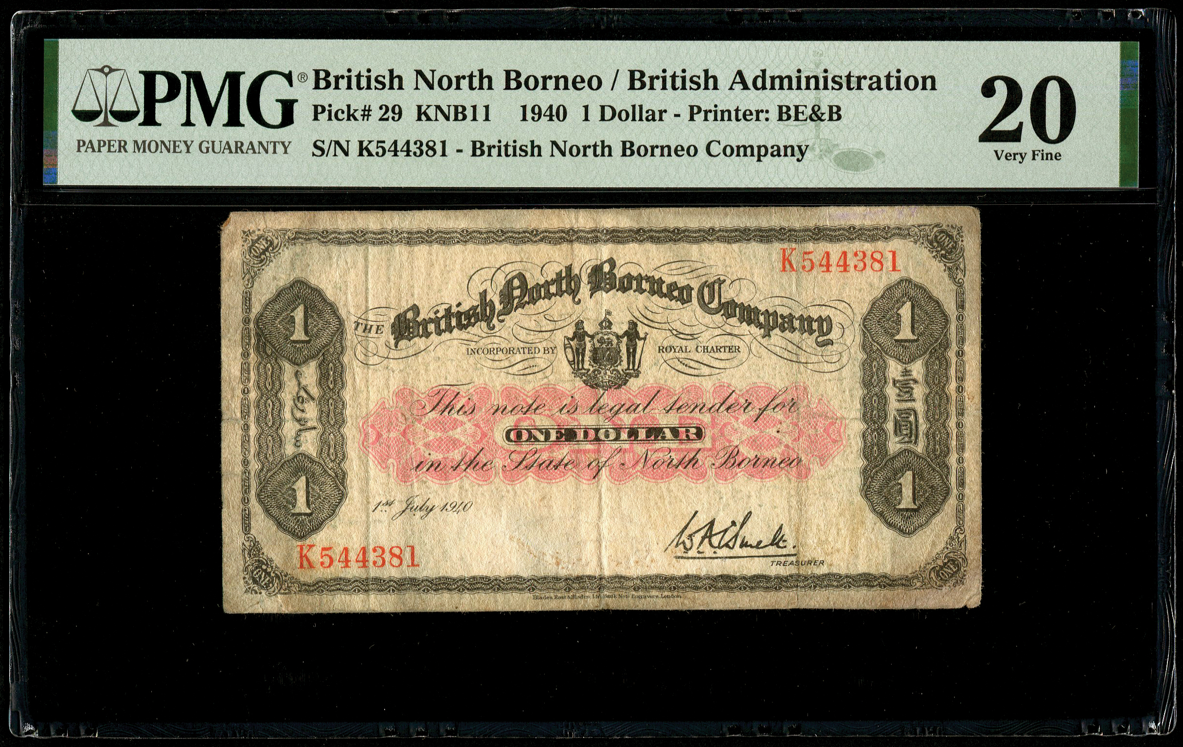 British North Borneo, $1, 1940, PMG 20, Stained