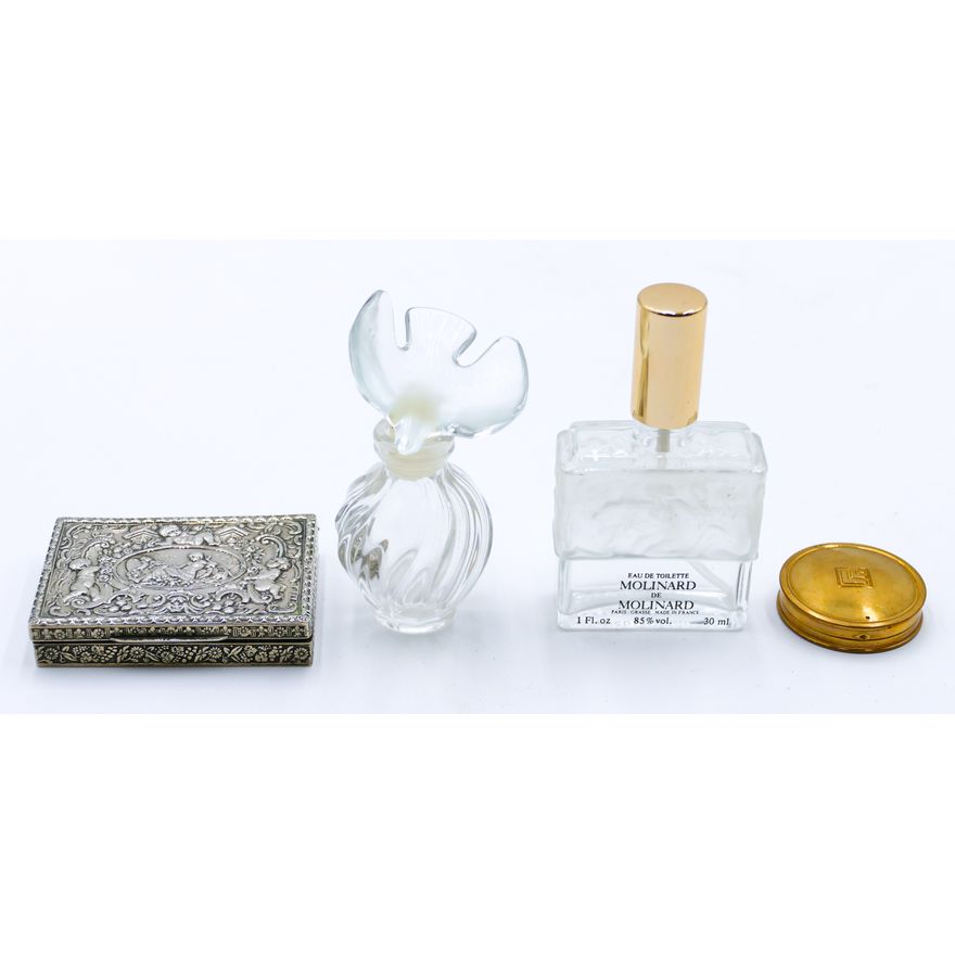 4pc Old Perfume Bottles & Compacts - Lalique etc.