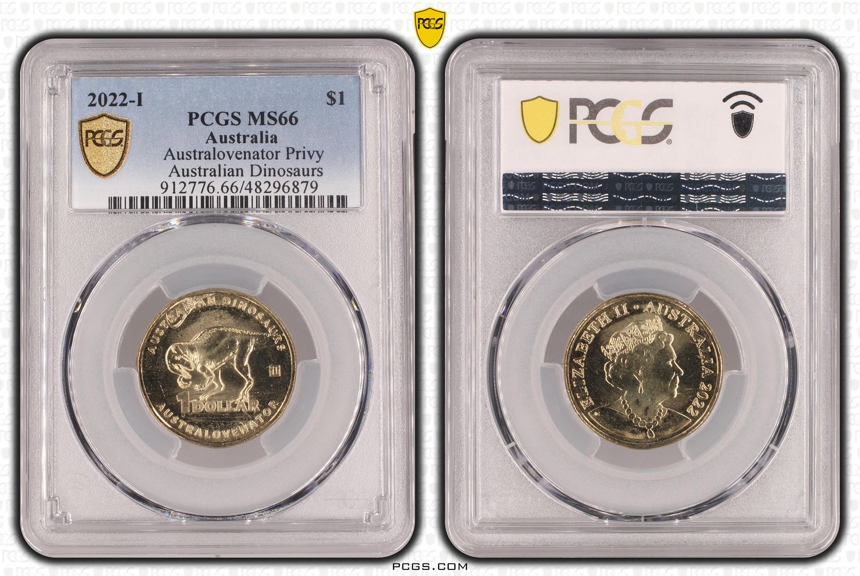 491 · Elizabeth II, Australovenator Privy Australian Dinosaurs, One Dollar, 2022-I, PCGS MS66
