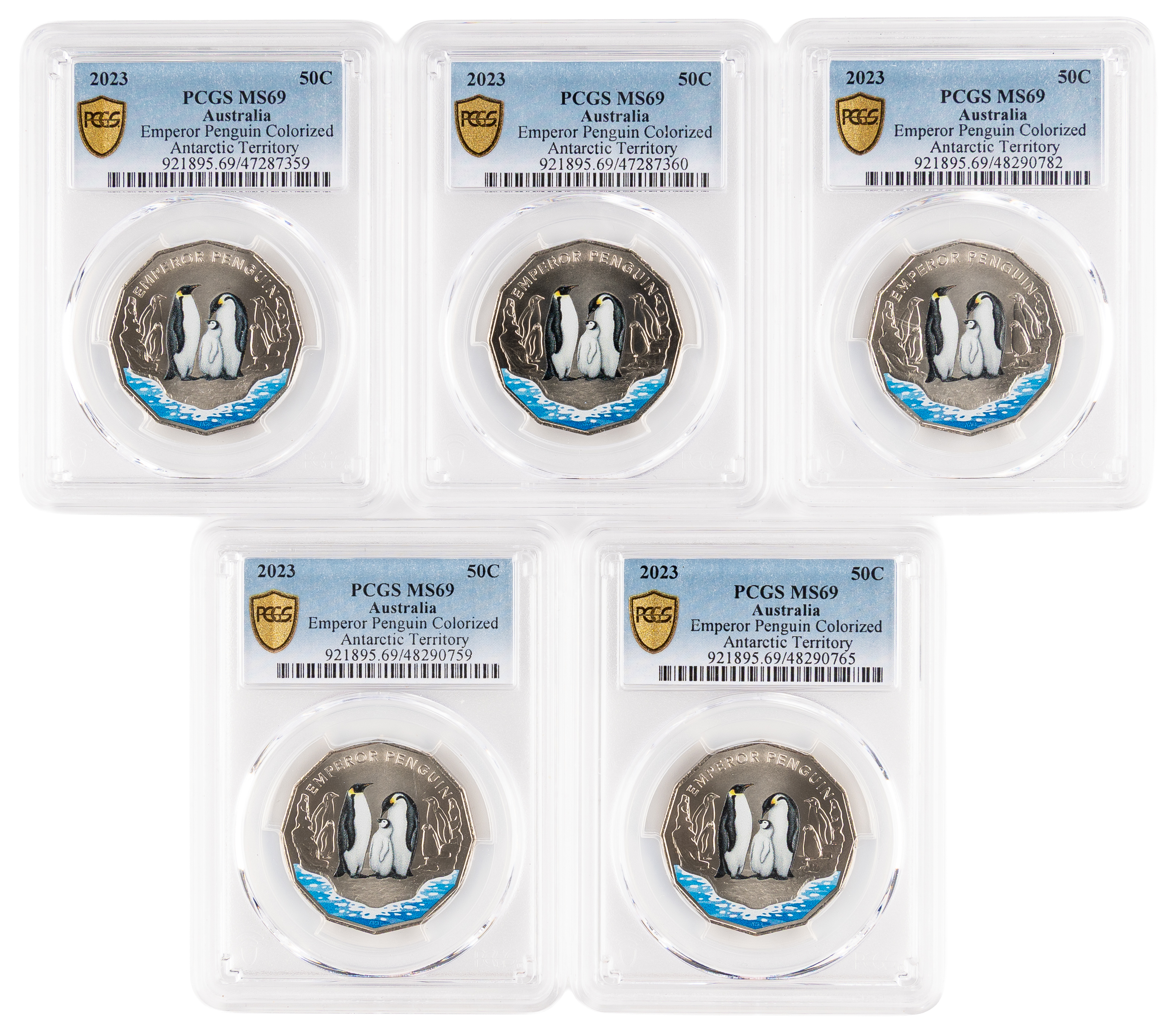 5x Emperor Penguin Colourised Antarctic Territory, Fifty Cent, 2023, PCGS MS69