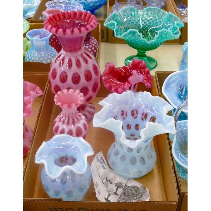 Box 5pc Fenton Coin Dot Pink & Blue Ruffled Vases