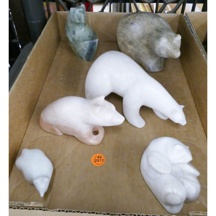 Box 6pc Inuit Stone Bear Carvings - Pastel Colors