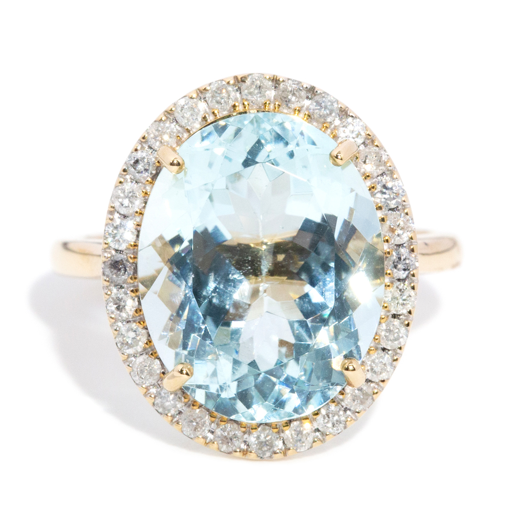33 · 8.40 Carat Aquamarine & Diamond Halo Ring in 14ct Gold